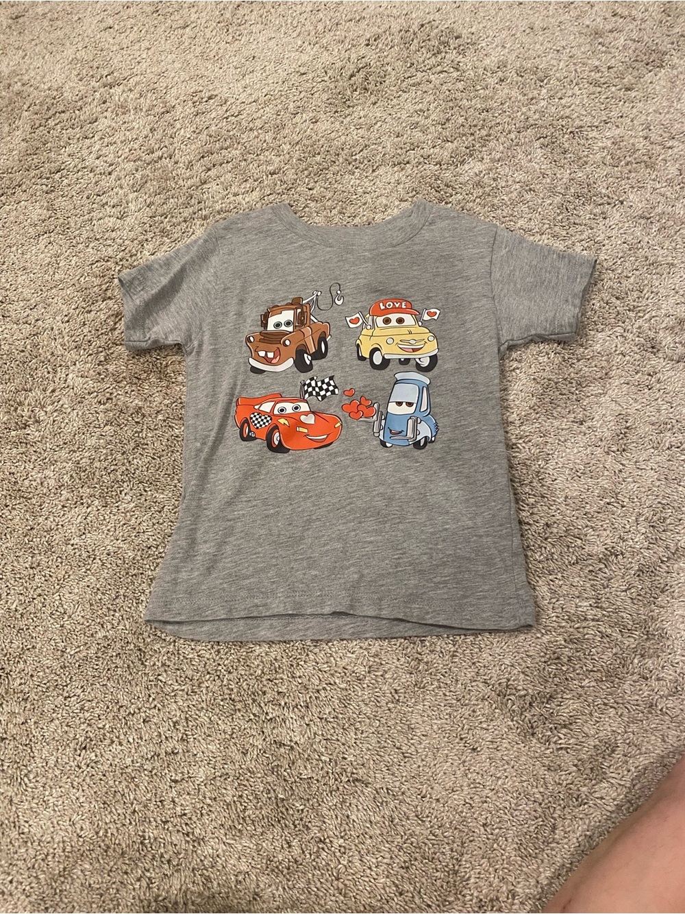 Bella Canvas Gray Kids T-Shirt with Red, Yellow, Brown and Blue Car Characters